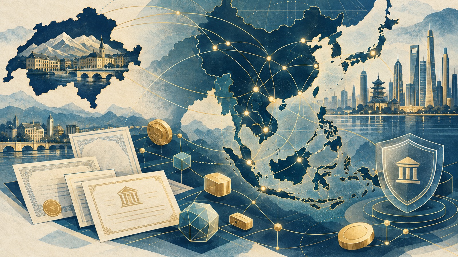 Ilustrație editorială originală despre Asia crypto, între restricții și teste noi: plăți în yeni, obligațiuni tokenizate și punți spre Elveția