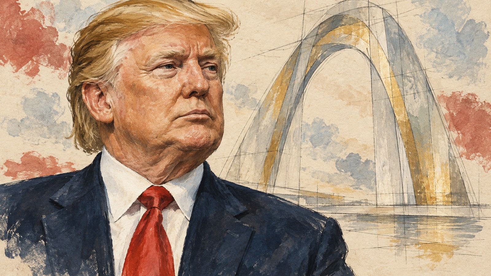 Ilustrație editorială originală despre Trump țintește 5 noiembrie pentru arcul din Washington. Proiectul are încă de trecut și prin instanță