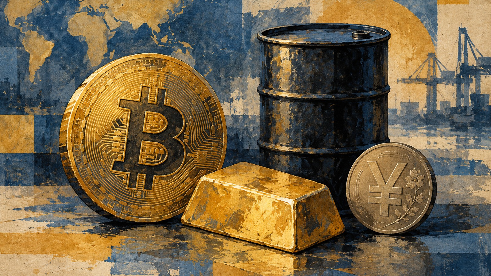 Ilustrație editorială originală despre Bitcoin și aurul recuperează parțial pierderile, într-o dimineață cu petrolul aproape de 100 de dolari