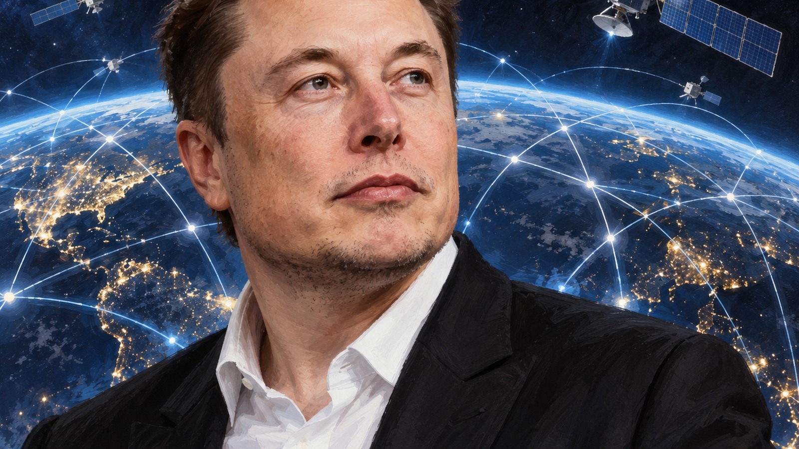 Ilustrație editorială originală cu Elon Musk în contextul comunicațiilor prin satelit