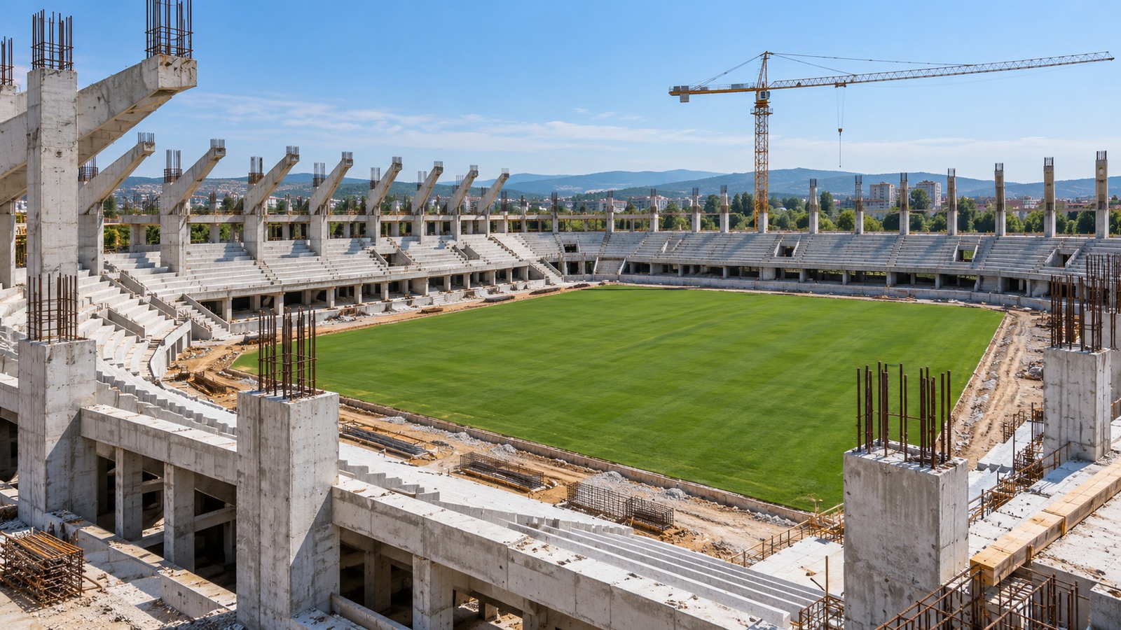 Ilustrație editorială originală despre Stadionul din Pitești își ridică tribunele. Inaugurarea încă nu are dată confirmată