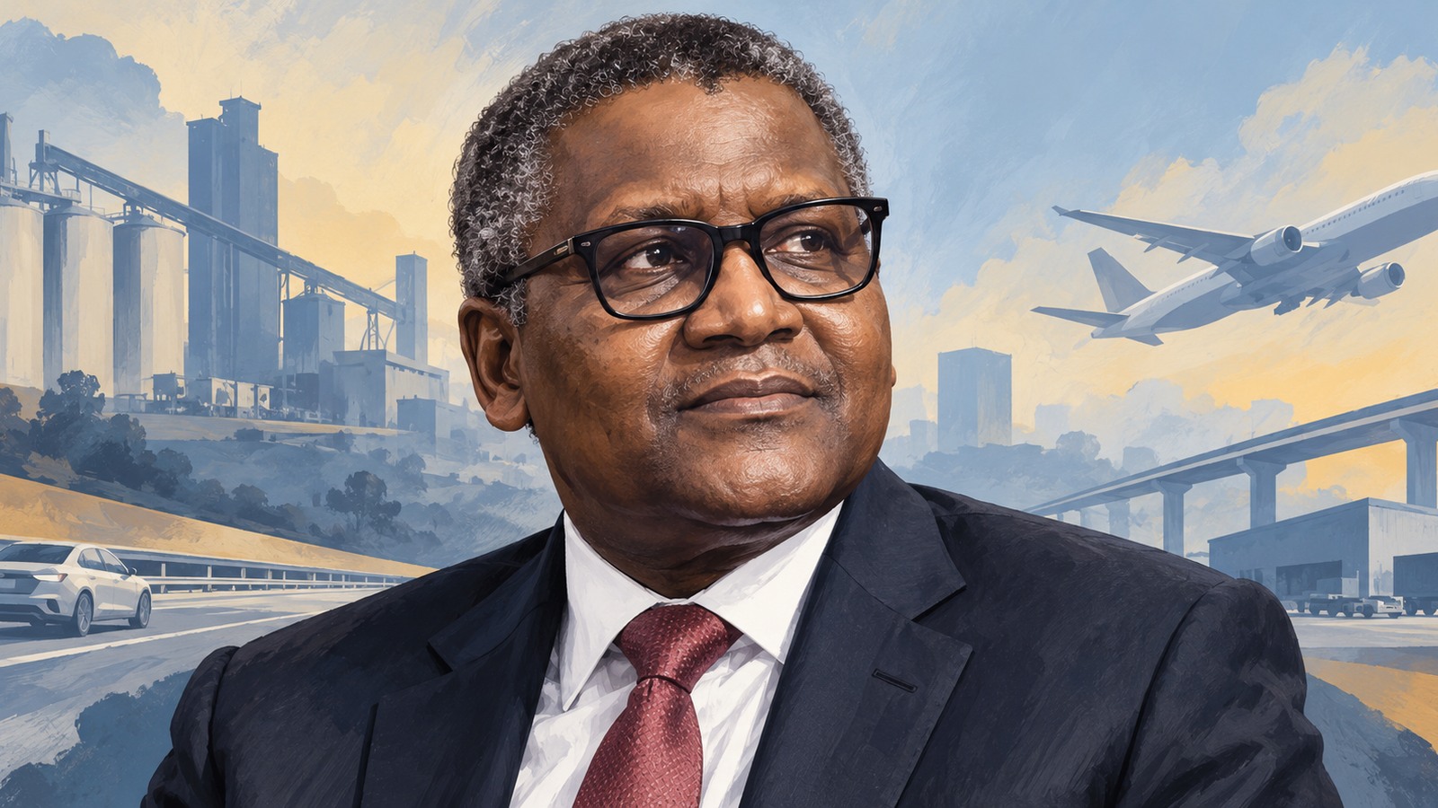 Ilustrație editorială originală despre Dangote, 27 de mașini și o lecție de cumpătare târzie
