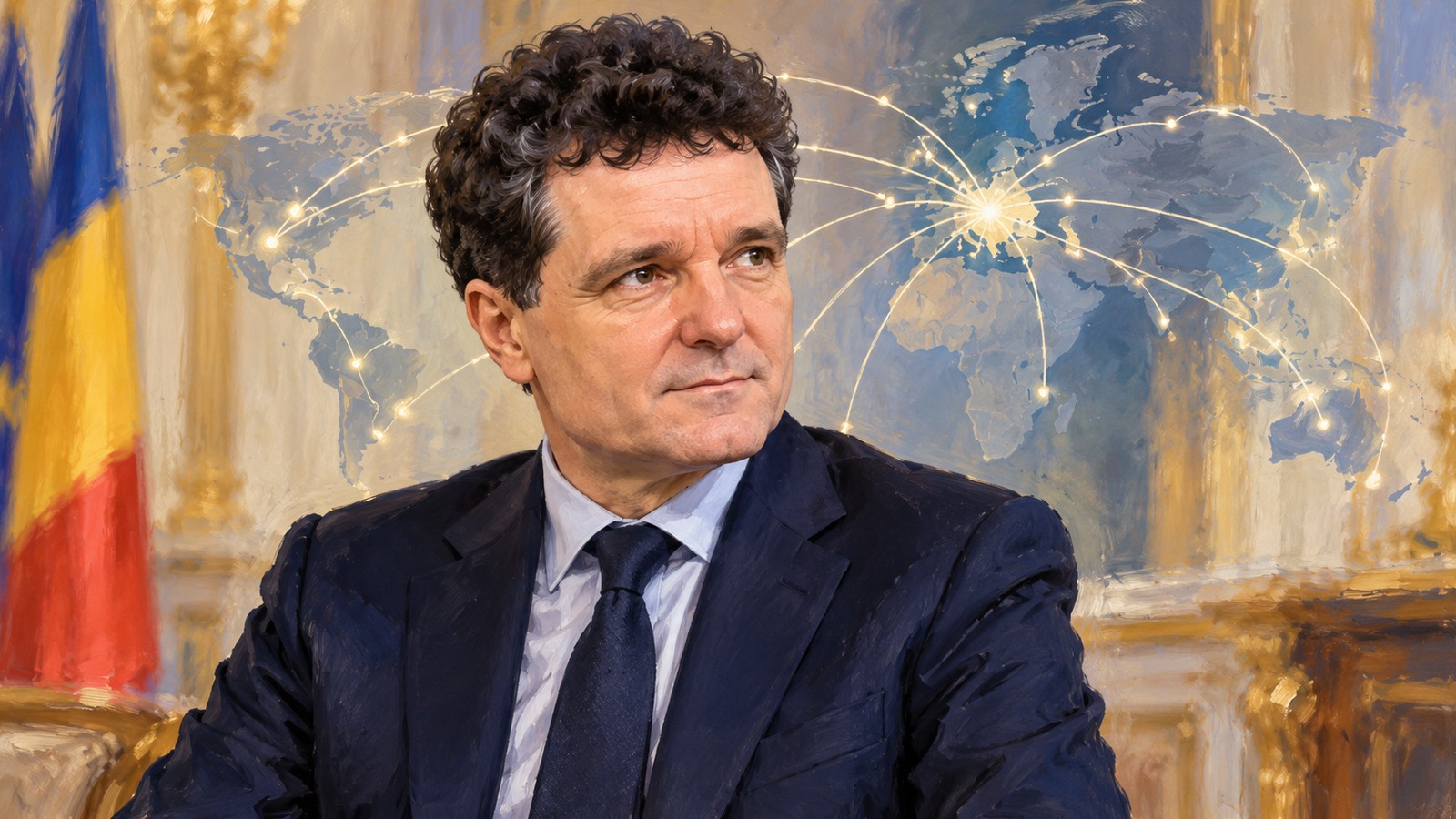 Ilustrație editorială originală despre Nicușor Dan cere proiecte și termene pentru ideile diasporei, nu doar intenții bune