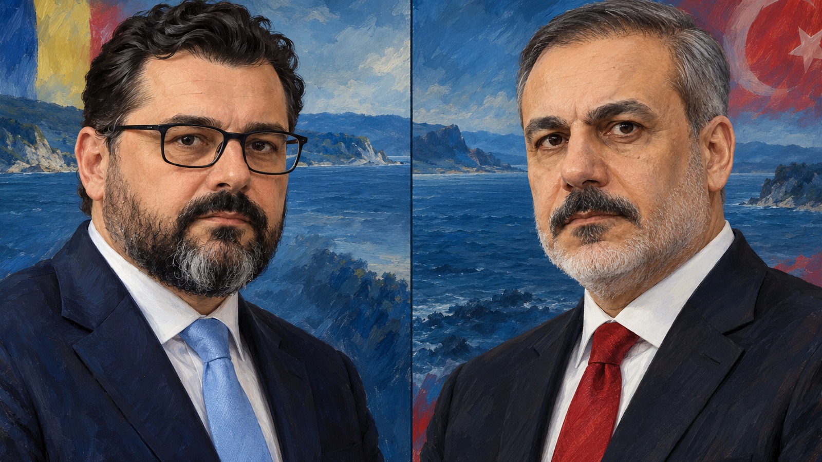 Ilustrație editorială originală despre Neculăescu și Fidan discută securitatea Mării Negre și cooperarea cu Bulgaria