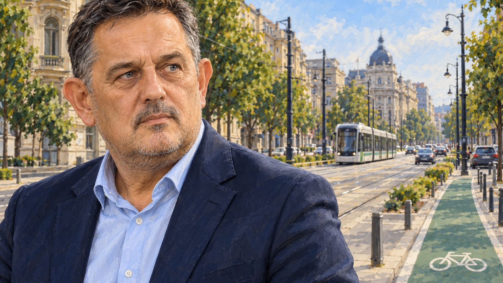 Ilustrație editorială originală despre Piperea contestă reducerea benzilor pentru mașini în București și îl critică pe Ciucu