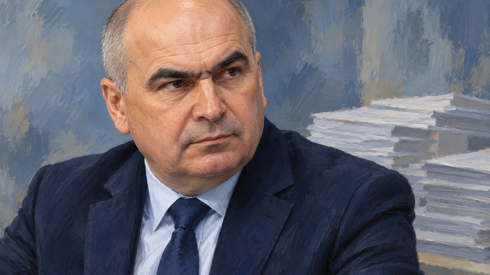 Ilustrație editorială originală despre Bolojan avertizează că schimbarea Guvernului nu rezolvă deficitul și cere păstrarea echilibrelor bugetare