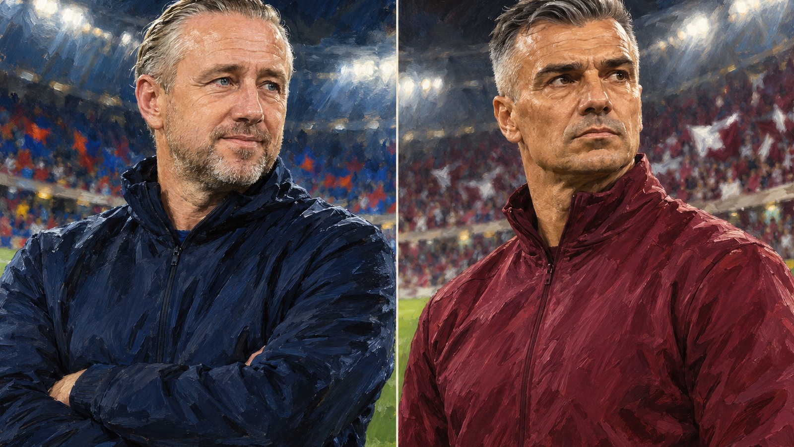 Ilustrație editorială originală despre FCSB–Rapid, de la 21:00: Reghecampf și Pancu lasă eticheta de favorită în afara terenului
