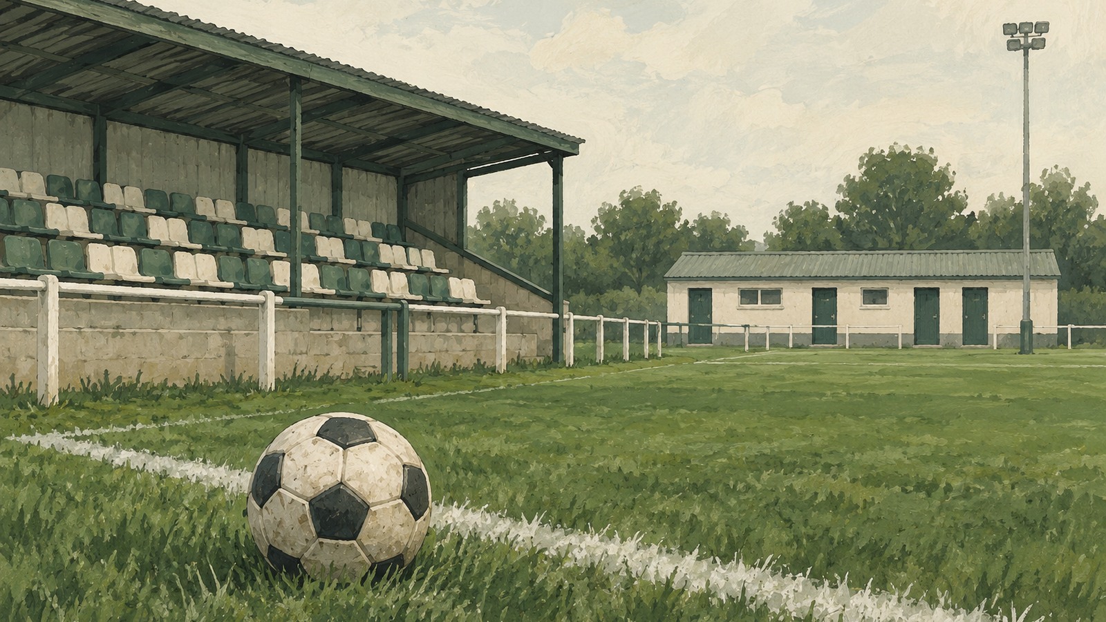 Ilustrație editorială originală despre La Covasna, meciul de Liga 3 aduce în discuție și toaletele: gazde și oaspeți, pe uși de lemn