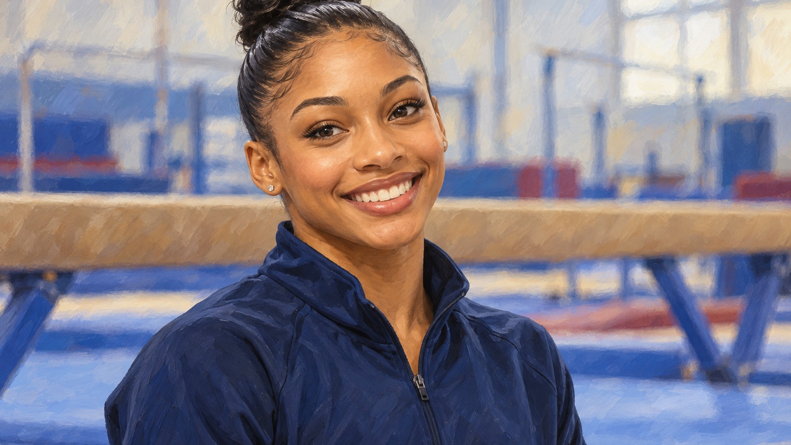 Ilustrație editorială originală despre Skye Blakely câștigă mondialul la individual compus: primul ei podium individual este direct de aur