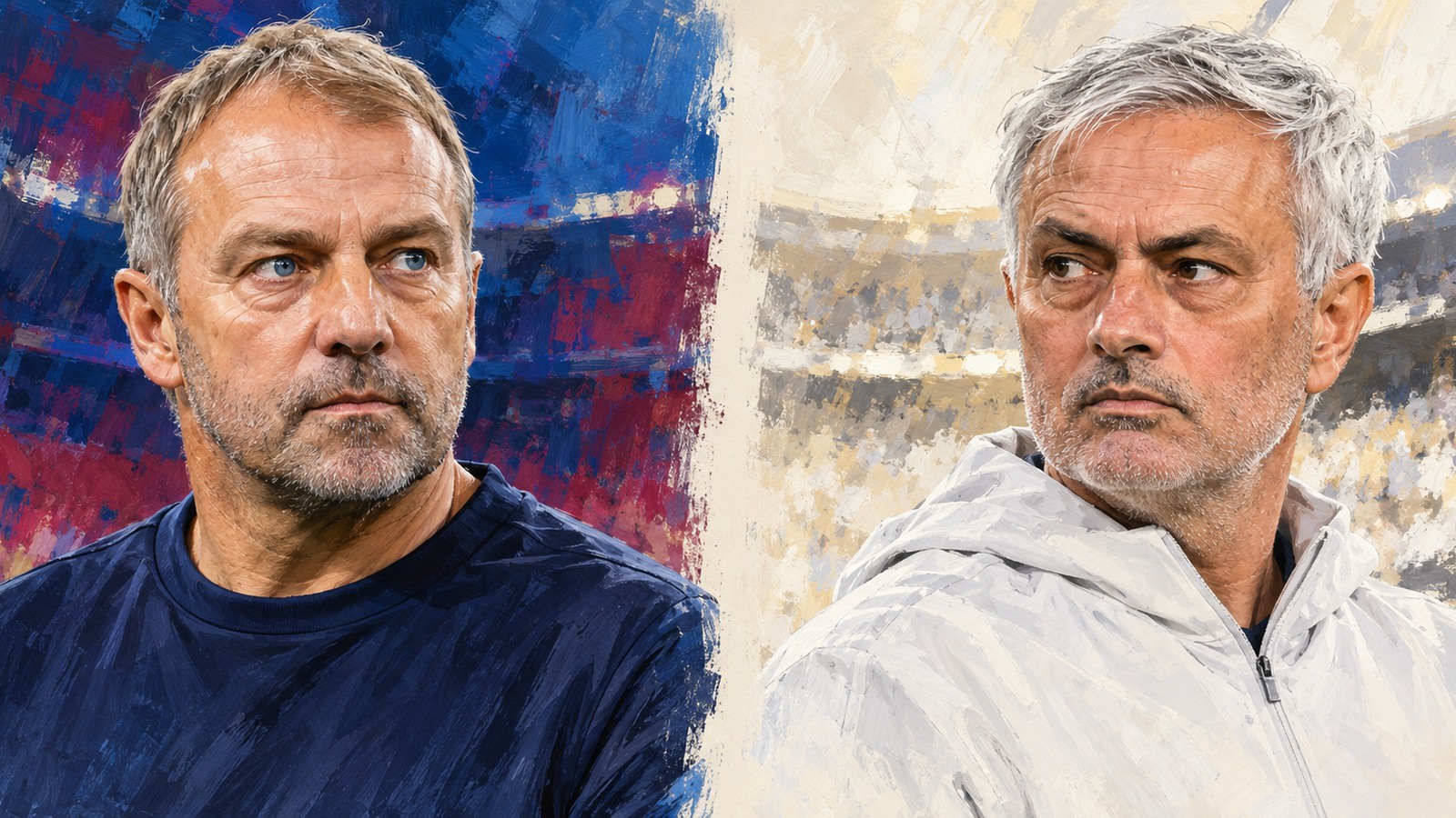 Ilustrație editorială originală despre Flick îi recunoaște meritele lui Mourinho și ține disputa despre arbitri departe de pregătirea Barcelonei