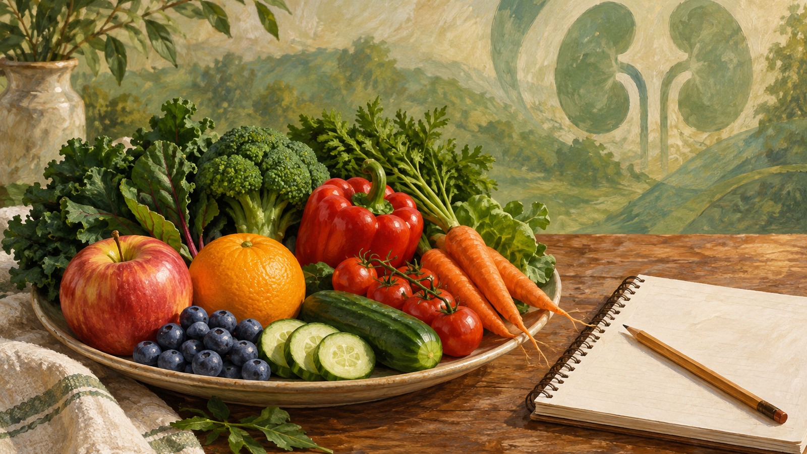 Ilustrație editorială originală despre Fructele și legumele, testate într-un studiu renal de zece ani: rezultate promițătoare, nu o dietă pentru toți