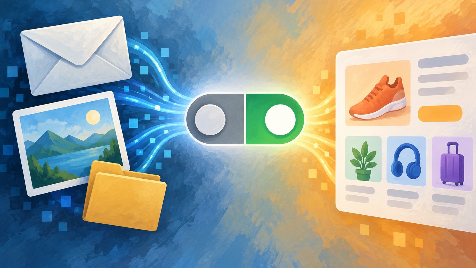 Ilustrație editorială originală despre Google și reclamele personalizate: ce se schimbă când conectezi Gmail, Drive sau Photos