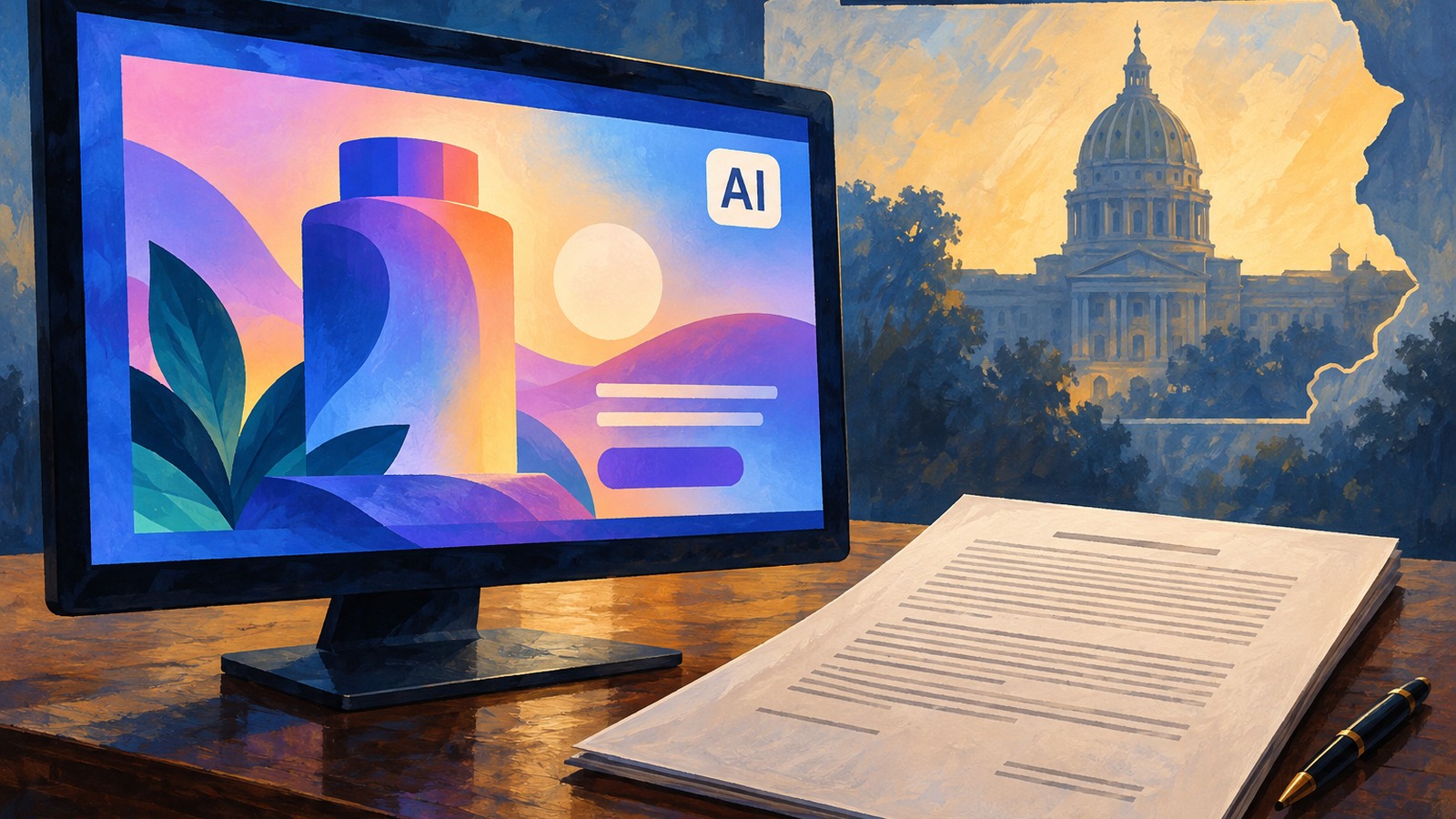 Ilustrație editorială originală despre Pennsylvania pune reguli reclamelor AI, cu excepții pentru satiră și conținutul doar text