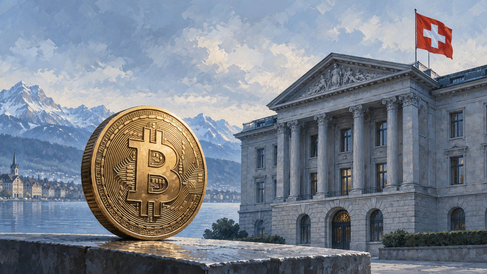 Ilustrație editorială originală despre Elveția aprobă primul său ETF Bitcoin pentru public. Aprobarea nu pune frână riscului