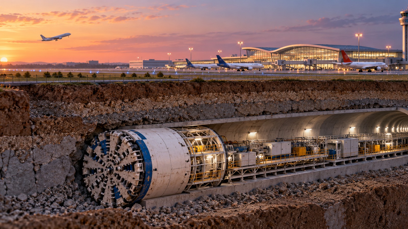 Ilustrație editorială originală despre Metroul spre Otopeni, văzut în 2032 de Pro Infrastructură. Estimarea nu este un termen oficial de inaugurare