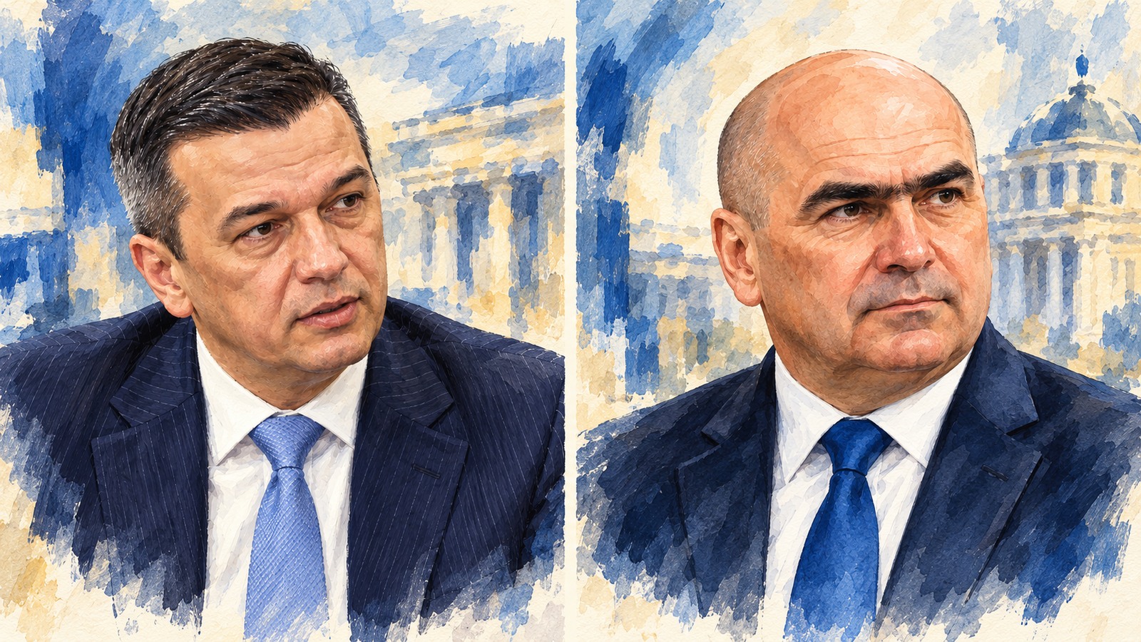 Ilustrație editorială originală despre Bolojan îi răspunde lui Grindeanu despre deficit. Promisiunile PSD rămân în centrul disputei