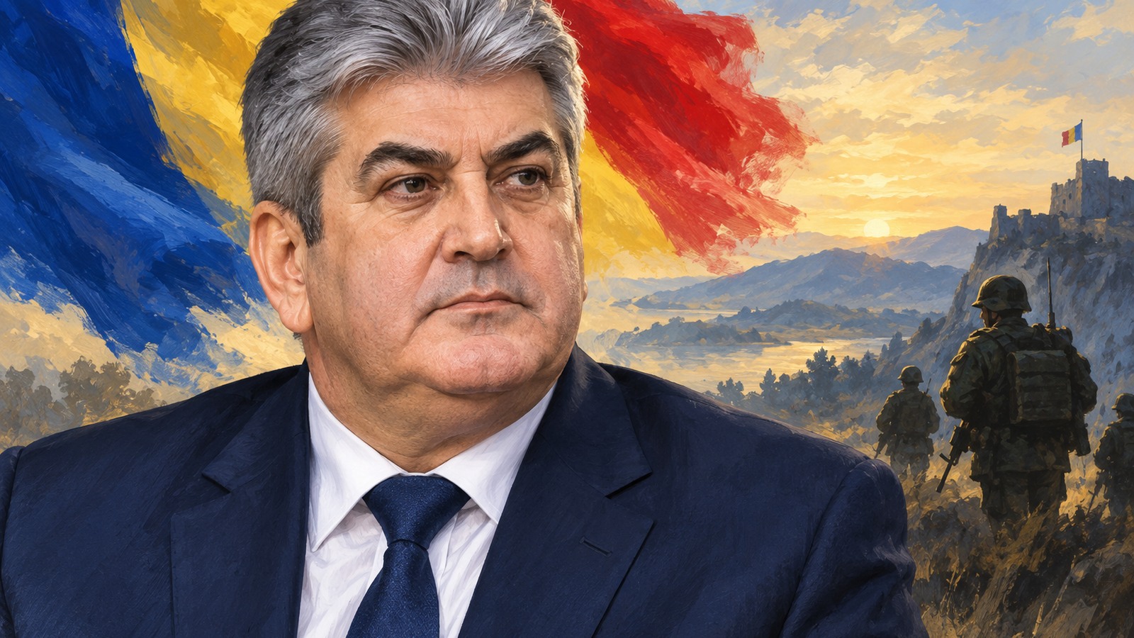 Ilustrație editorială originală despre Gabriel Oprea, de Ziua Armatei: respectul pentru militari trebuie susținut prin drepturi și fapte