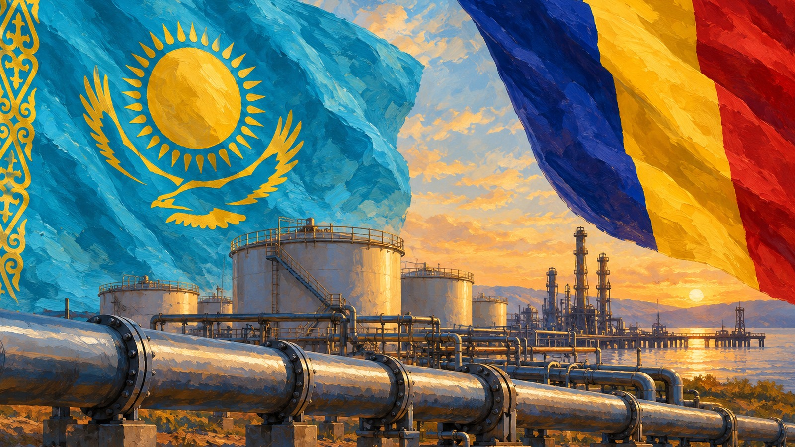Ilustrație editorială originală despre De Ziua Republicii, Kazahstanul își arată greutatea energetică: peste 60% din țițeiul importat de România în datele citate pentru 2025