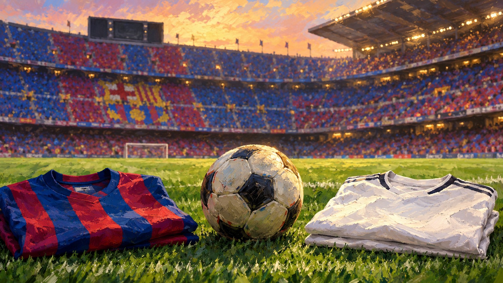 Ilustrație editorială originală despre Real Madrid câștigă cu 2–1 pe terenul Barcelonei. Dubla lui Mbappé decide El Clásico