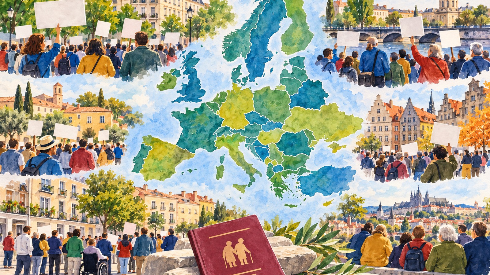 Ilustrație editorială originală despre Proteste în mai multe țări europene: locuințe, pensii și educație, cu bilanțuri care cer context