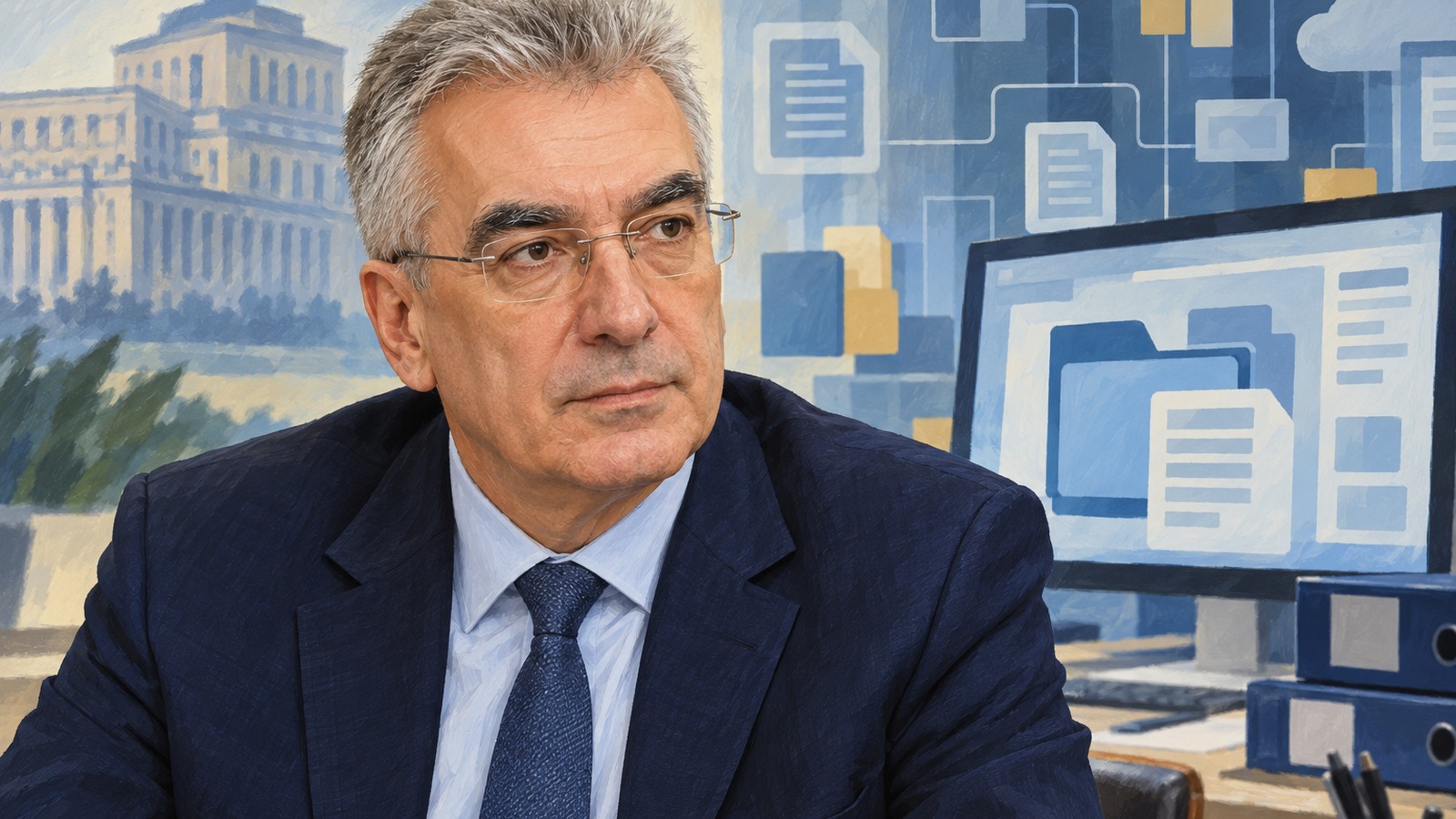 Ilustrație editorială originală despre Peiu: mutarea dosarului pe ecran nu scurtează singură drumul prin birocrație