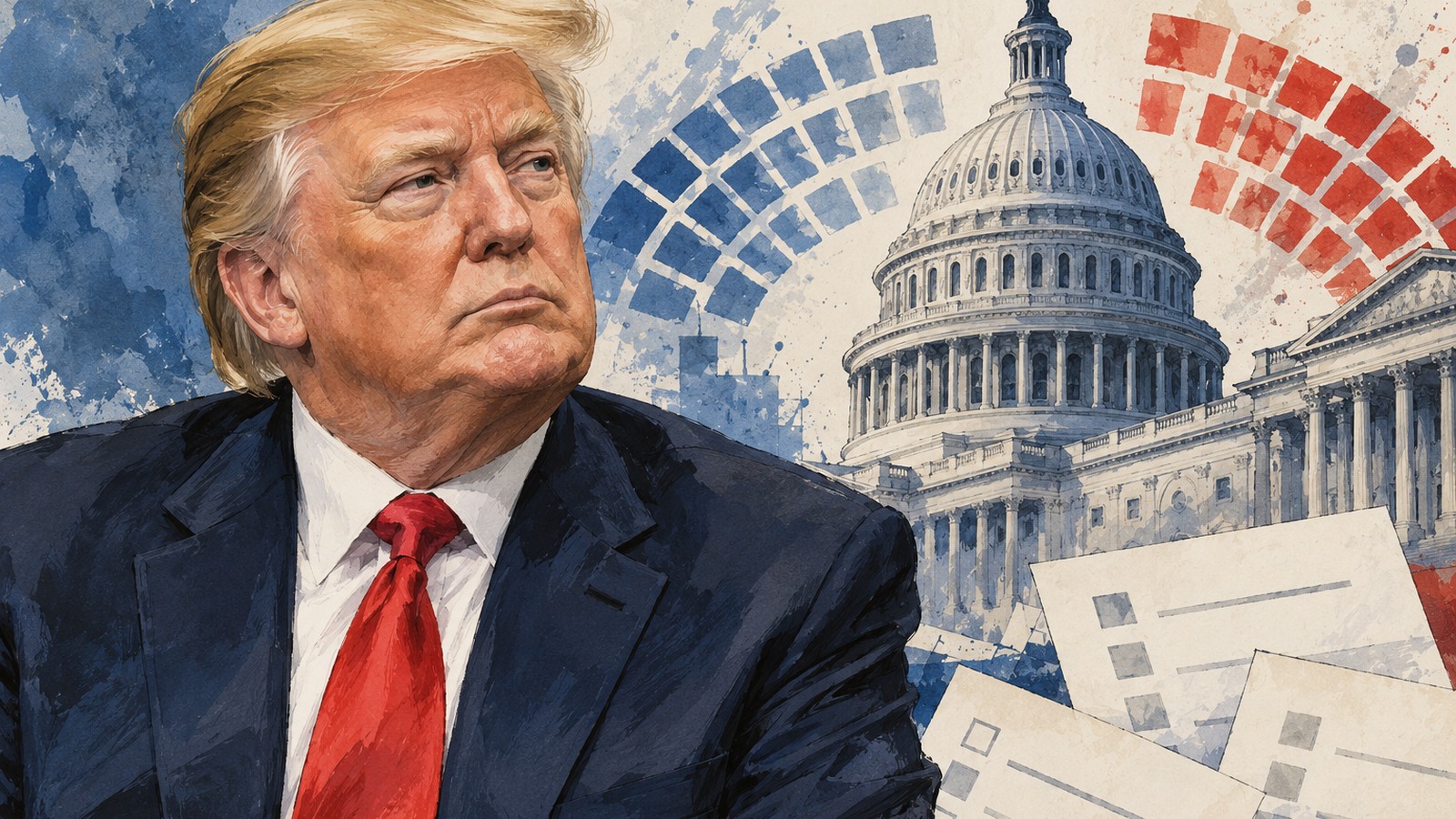 Ilustrație editorială originală despre Congresul îl poate frâna pe Trump. Analiza despre alegerile americane și miza pentru România