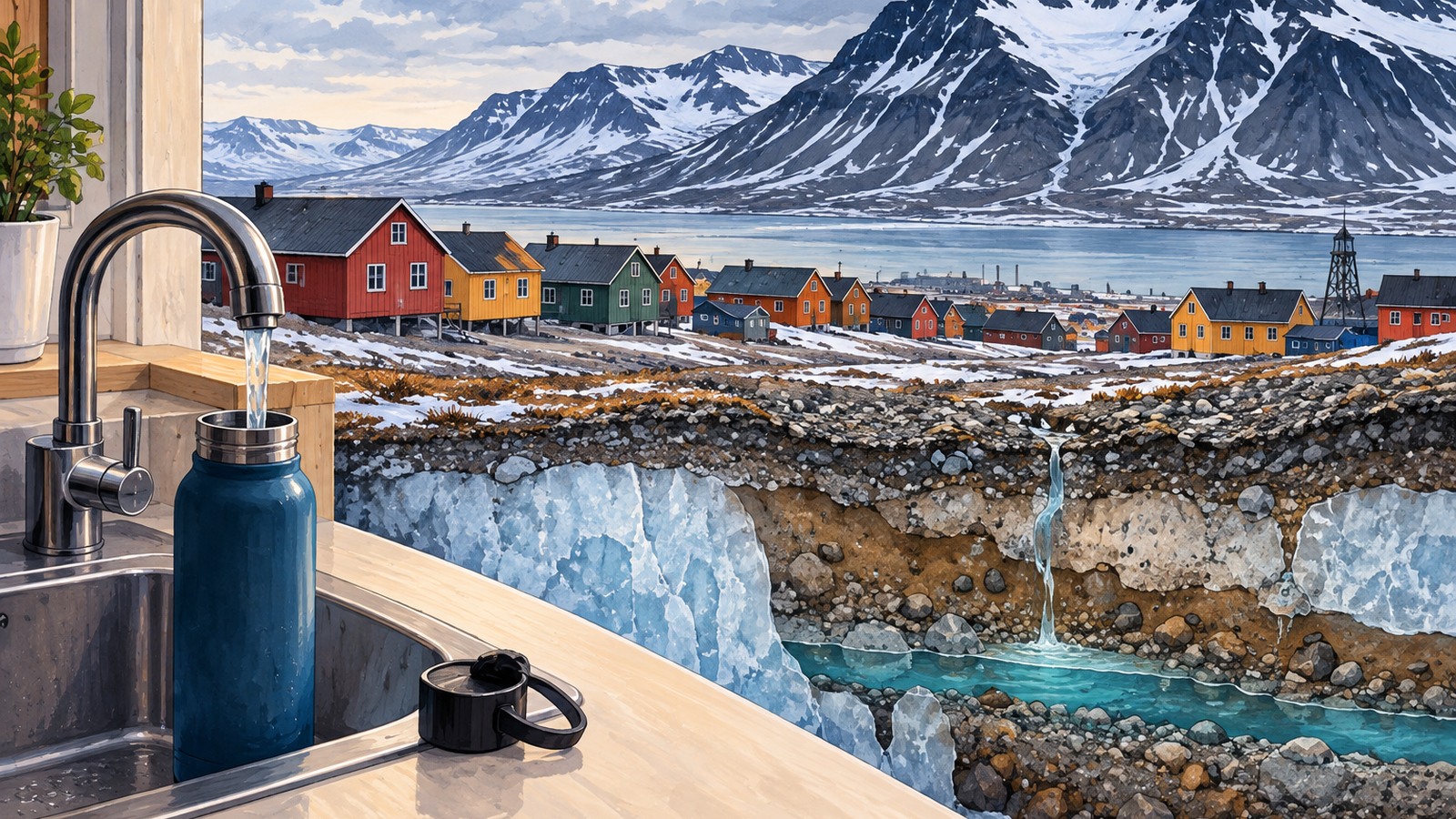 Ilustrație editorială originală despre Longyearbyen, orașul arctic unde apa de la robinet a devenit o problemă de durată