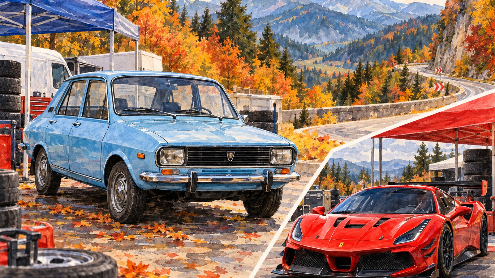 Ilustrație editorială originală despre La Poiana Brașov, viteza în coastă pune pe același traseu mașini moderne și Dacii istorice