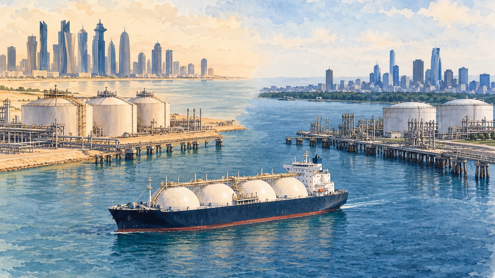 Ilustrație editorială originală despre QatarEnergy cumpără GNL american pentru anii 2030: contract de patru milioane de tone anual