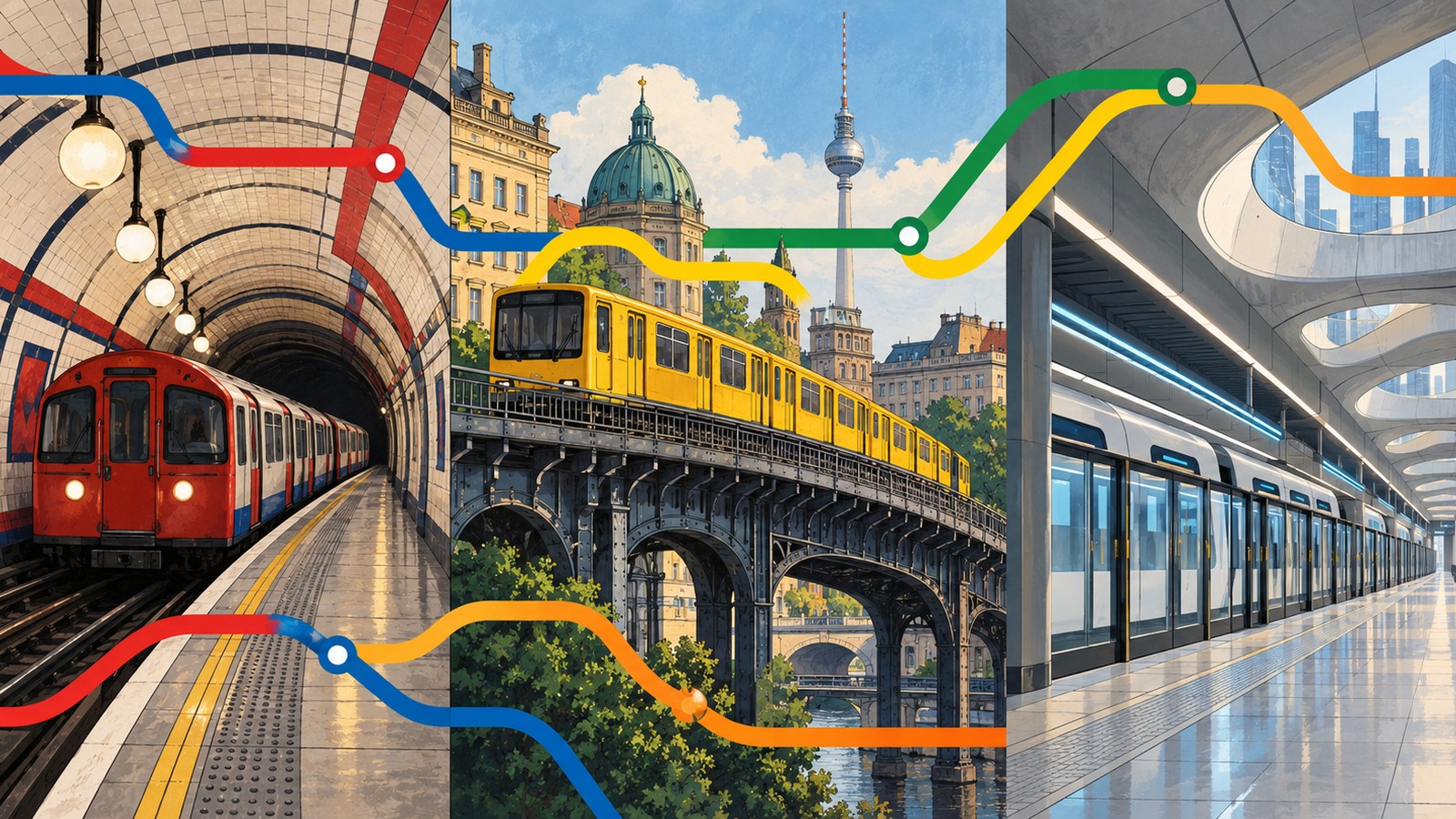 Ilustrație editorială originală despre Lumea văzută din metrou: tuneluri victoriene, viaducte și trenuri fără mecanic