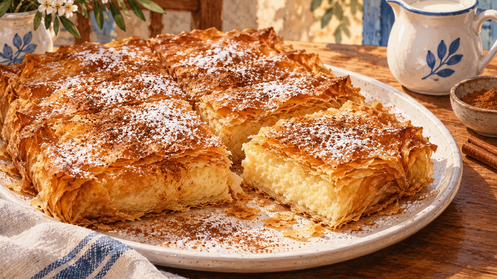 Ilustrație editorială originală despre Bougatsa: crema de griș își găsește o haină crocantă în foile grecești