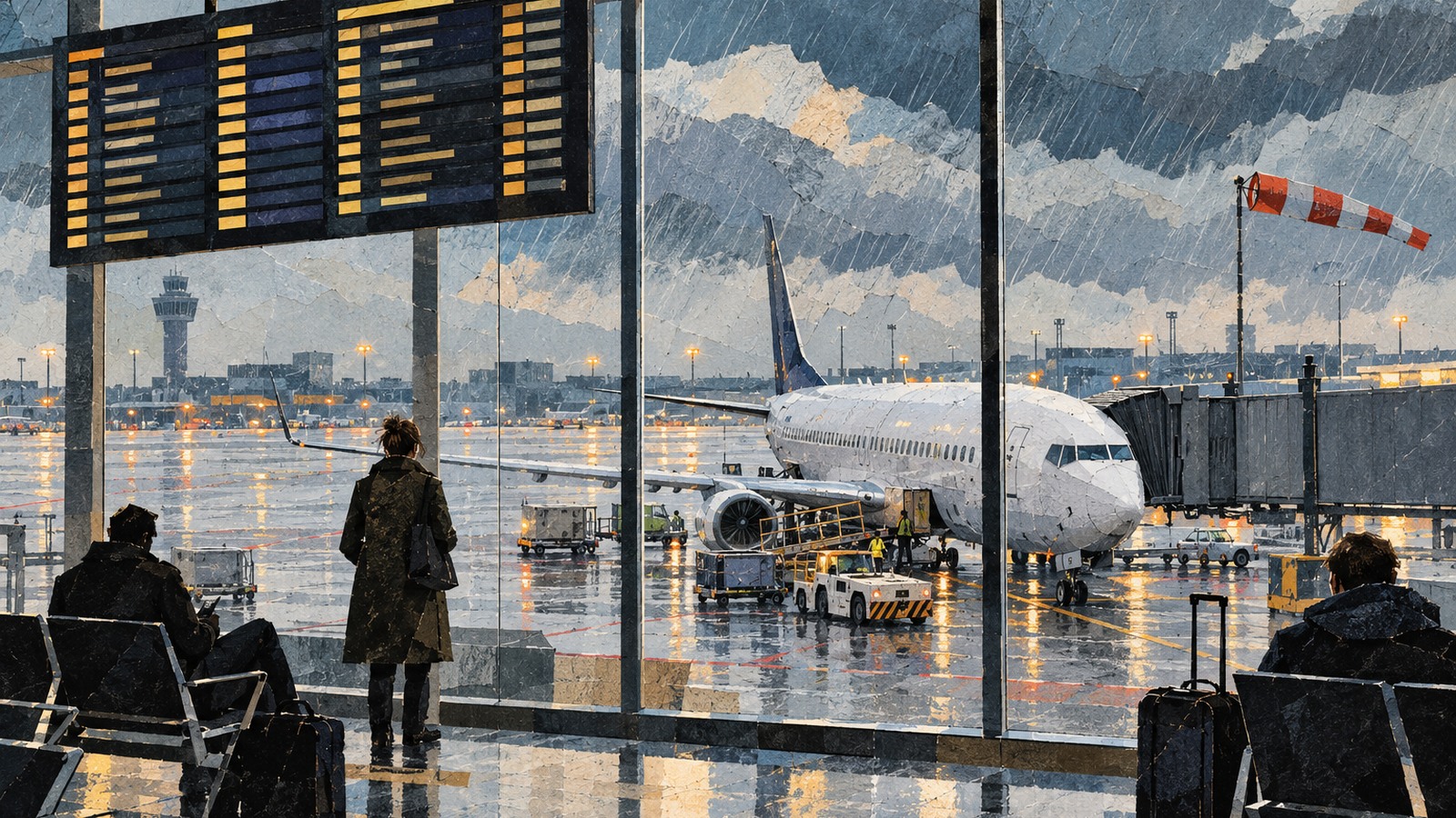 Ilustrație editorială originală despre Vântul taie din programul Schiphol: zeci de zboruri anulate la Amsterdam