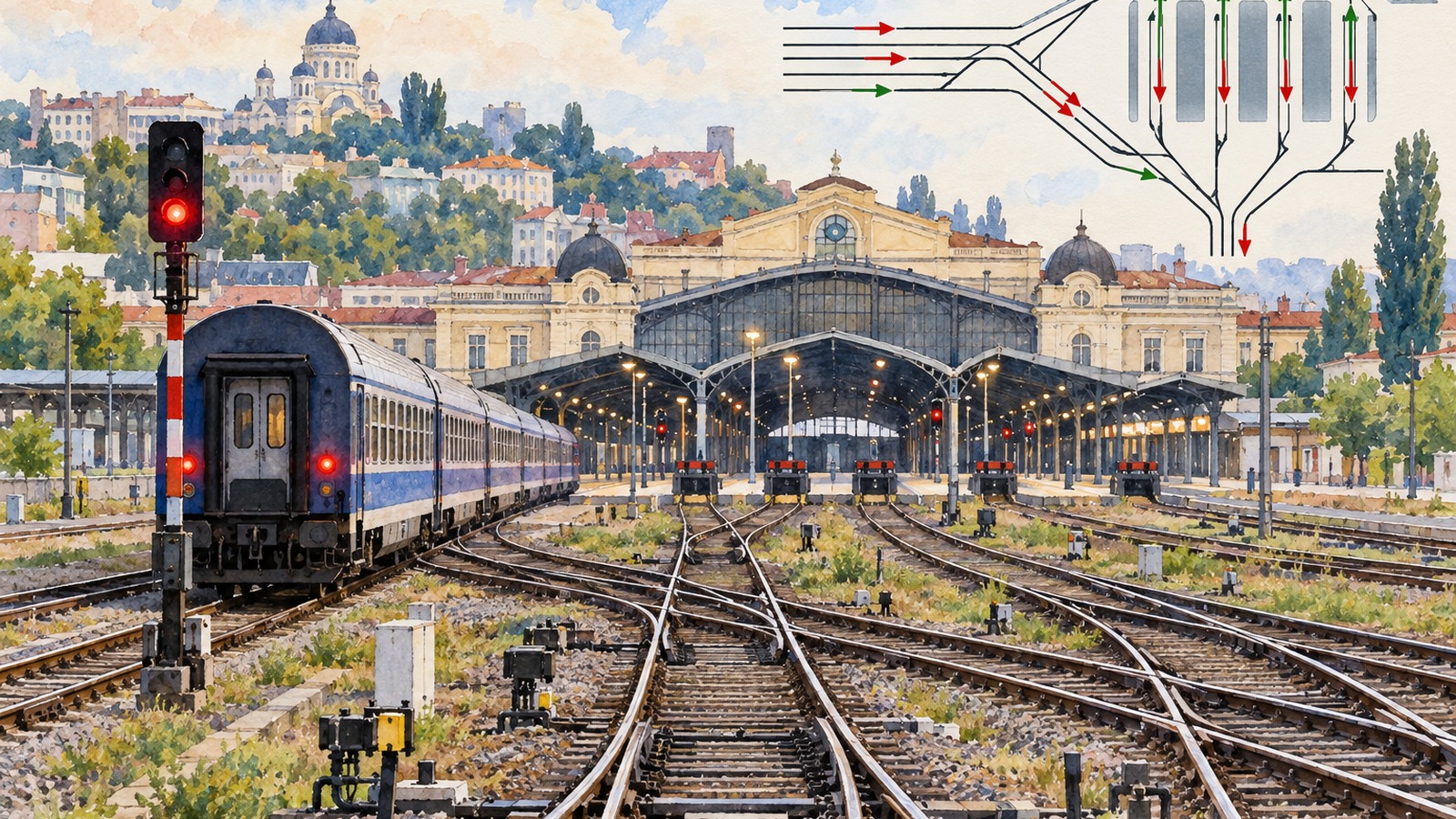 Ilustrație editorială originală despre Trenul a ajuns la București, dar încă stă la semnal. CFR explică blocajul de la Gara de Nord