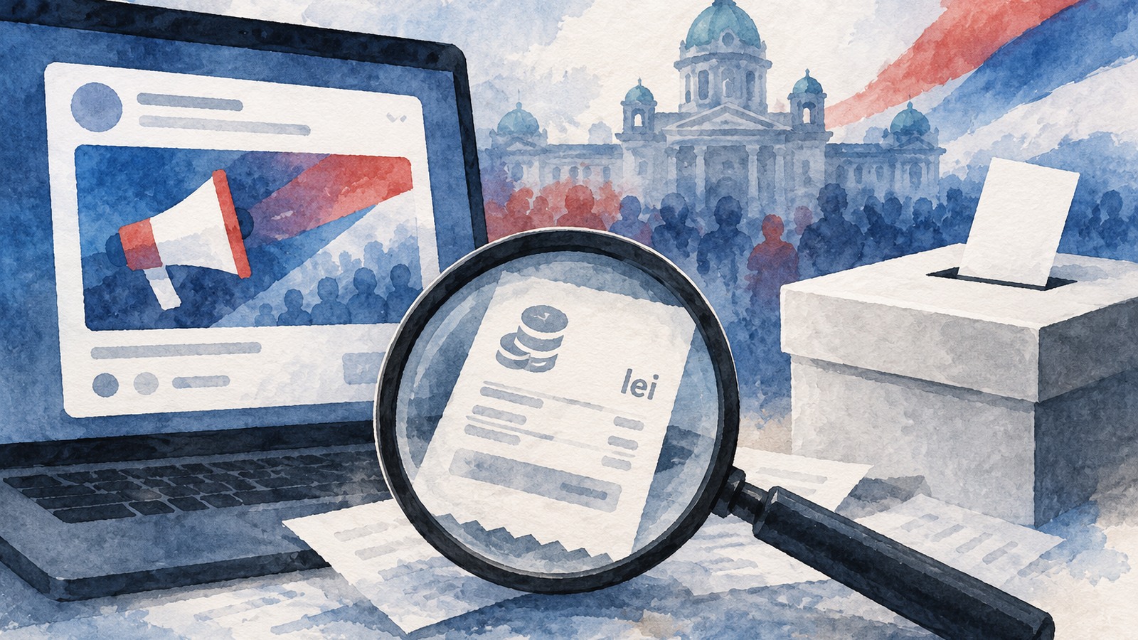 Ilustrație editorială originală despre BBC urmărește reclamele electorale înșelătoare din Serbia și legăturile cu o firmă din Craiova