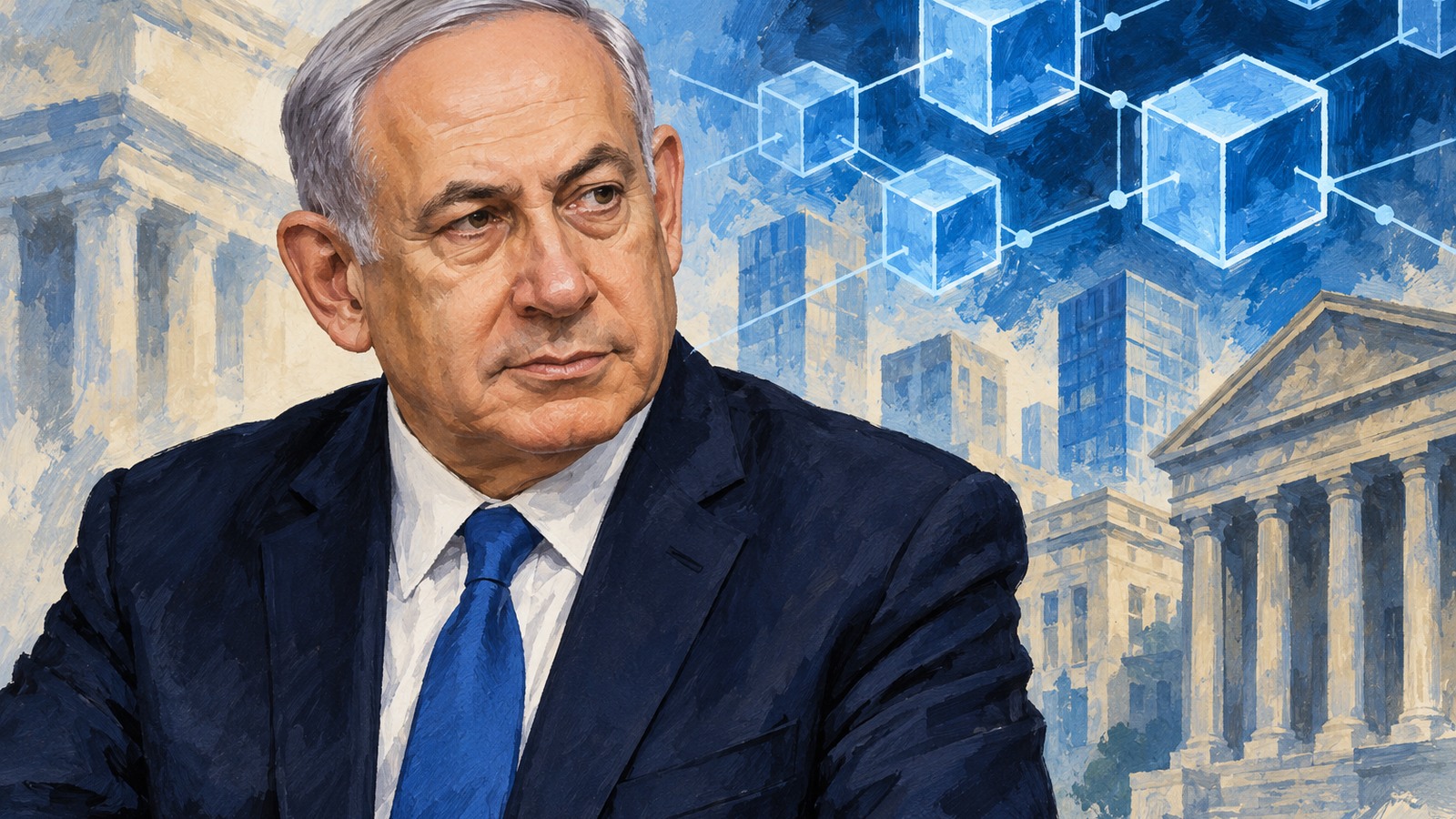 Ilustrație editorială originală despre Netanyahu propune un plan blockchain pentru eventuale sancțiuni. Banca Israelului îl contrazice