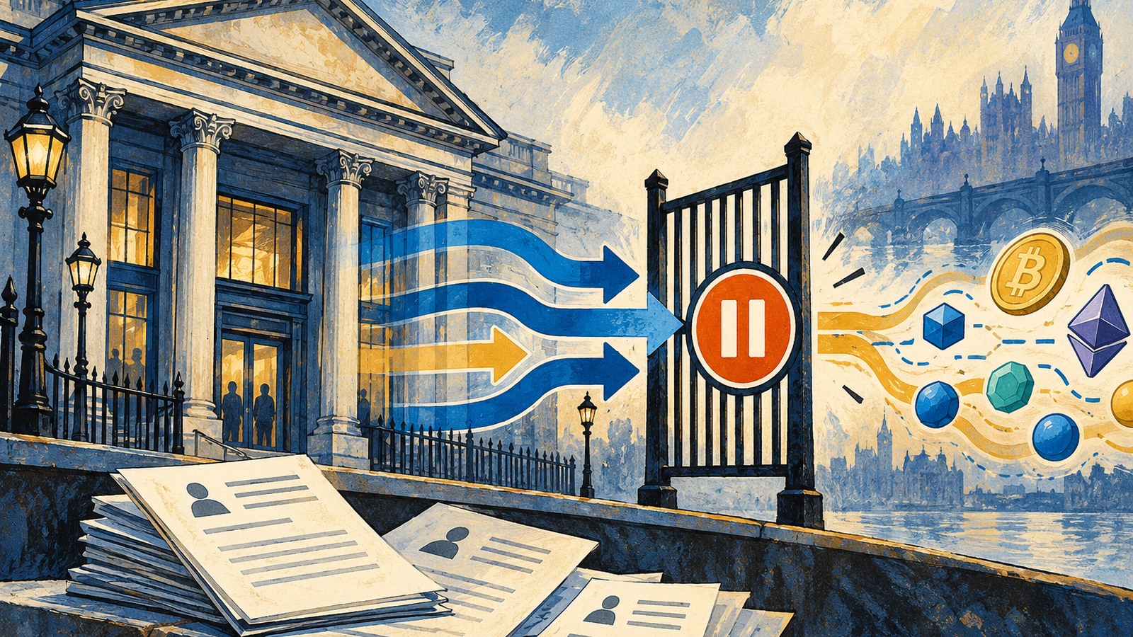 Ilustrație editorială originală despre Crypto, la ușa băncii: peste 10.000 de reclamații privind restricțiile din Marea Britanie