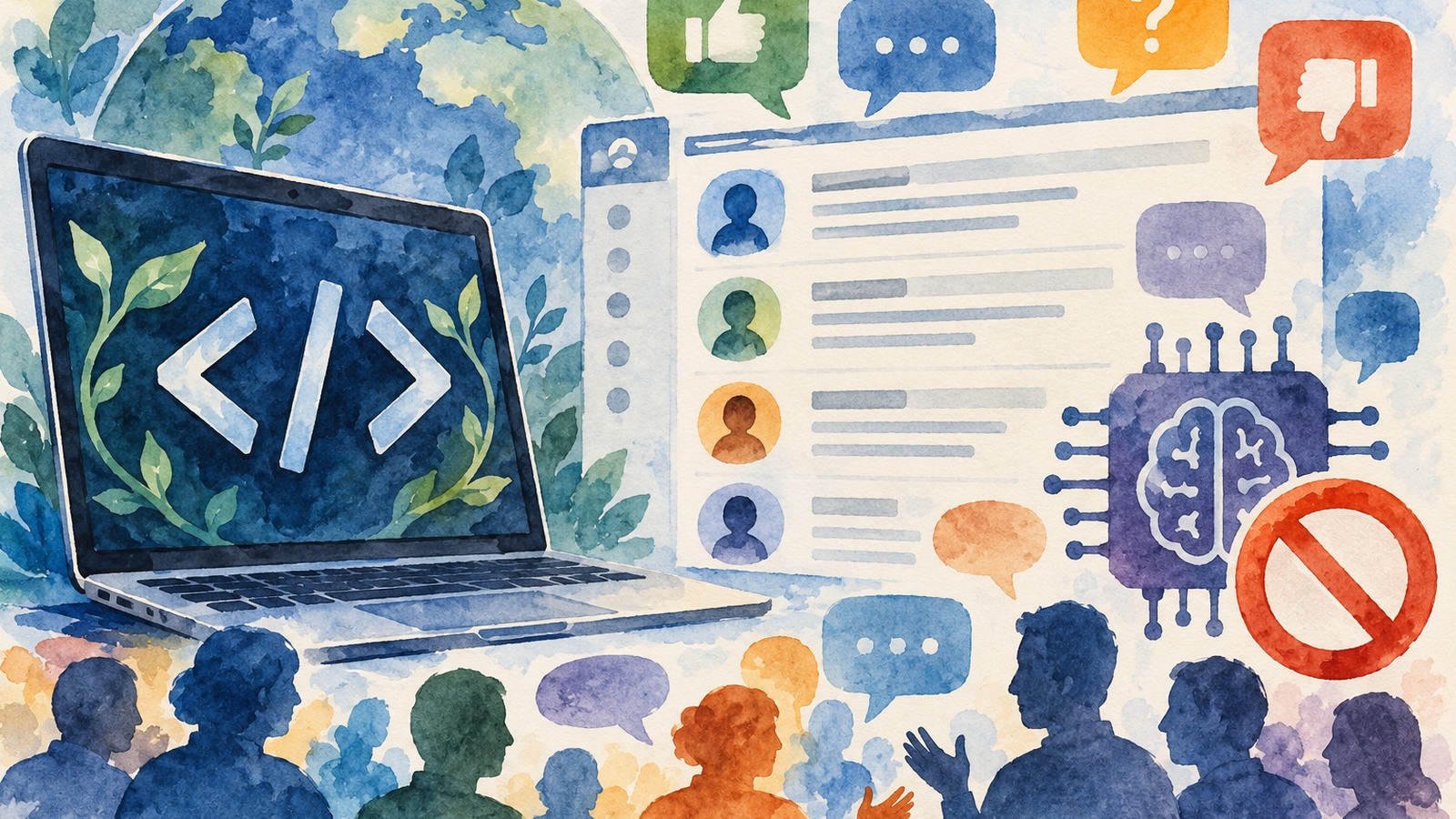 Ilustrație editorială originală despre r/opensource pune AI la ușă și înăsprește regulile. Comunitatea contestă amploarea interdicției