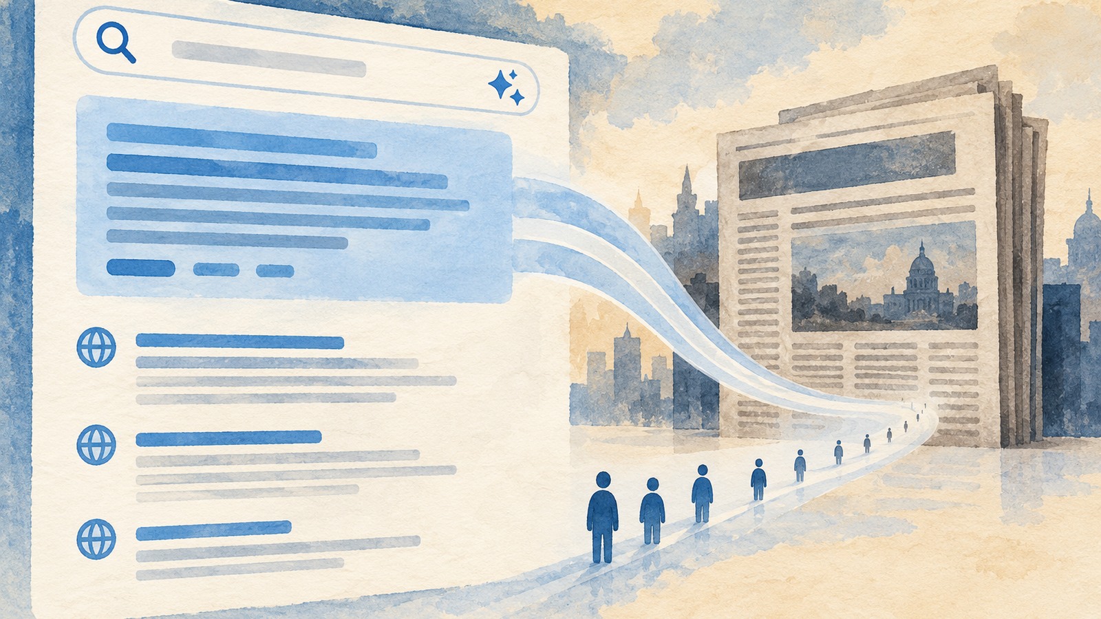 Ilustrație editorială originală despre Google răspunde cu AI, publicațiile caută cititori. The Verge descrie o relație tot mai tensionată