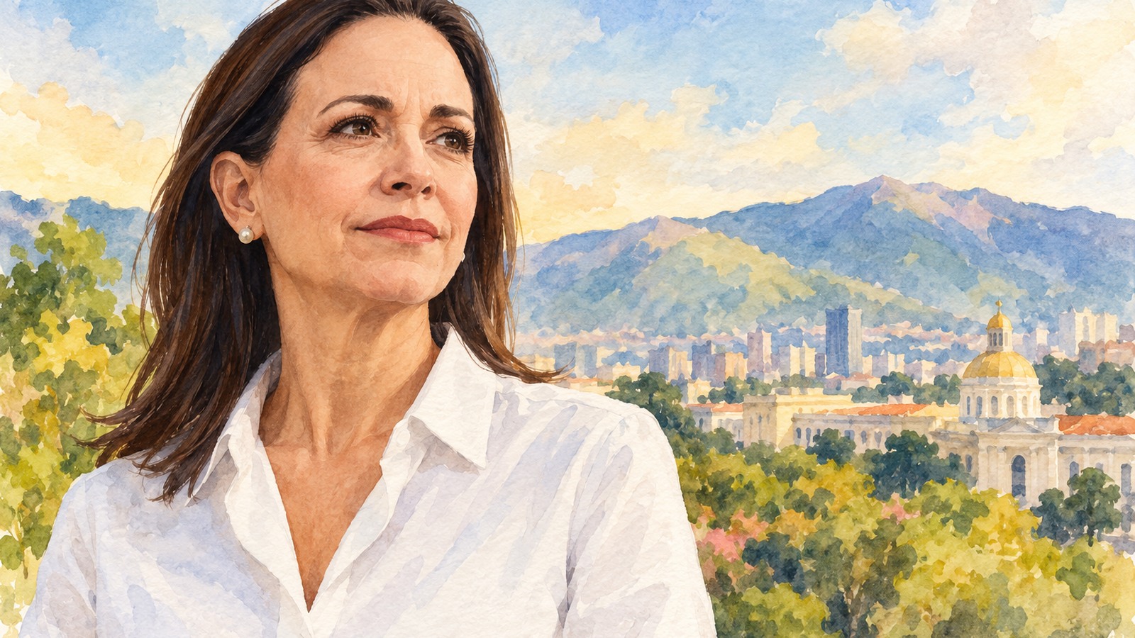 Ilustrație editorială originală despre Maria Corina Machado anunță întoarcerea în Venezuela și cere un calendar pentru alegeri
