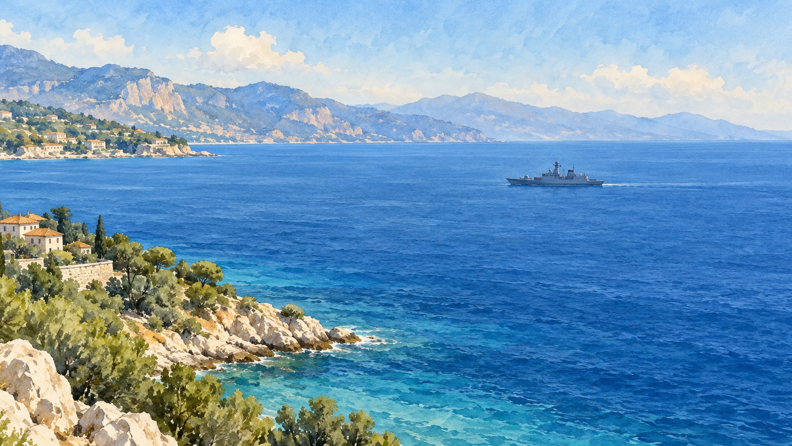 Ilustrație editorială originală despre Un oficial NATO descrie două luni fără nave militare ruse în Mediterana, înaintea revenirii din septembrie