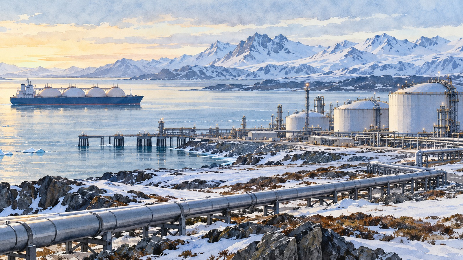Ilustrație editorială originală despre G4Media, după NYT: finanțarea unui proiect de gaze din Alaska ar avea legături ascunse cu Novatek