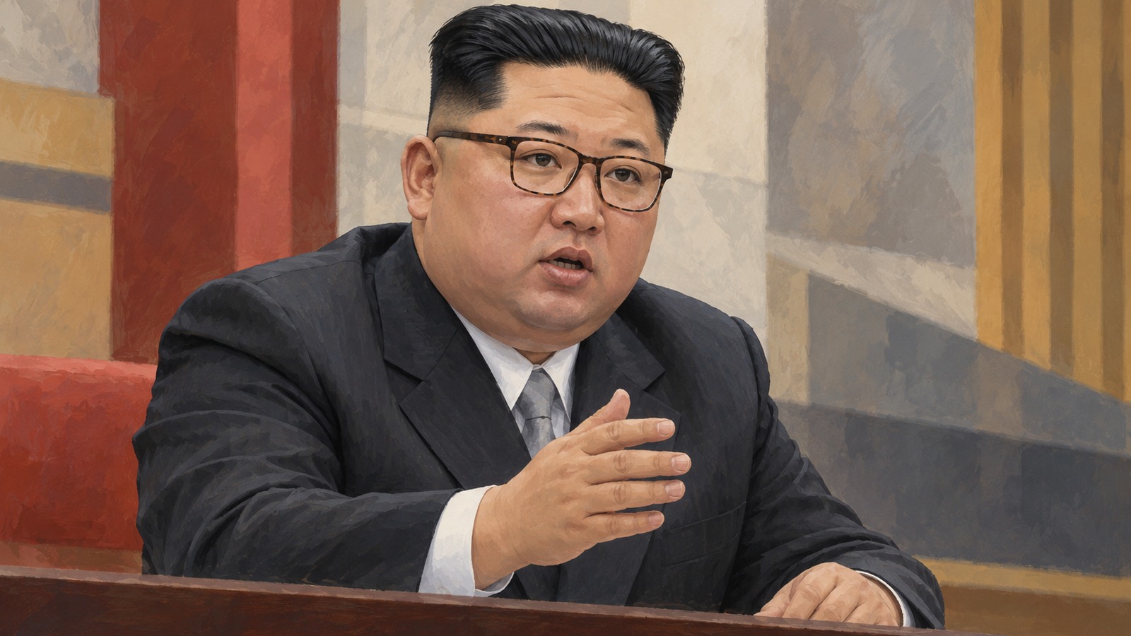 Ilustrație editorială originală despre Kim Jong Un, vizită de o zi la Dandong: memorial de război și un nou pod spre China