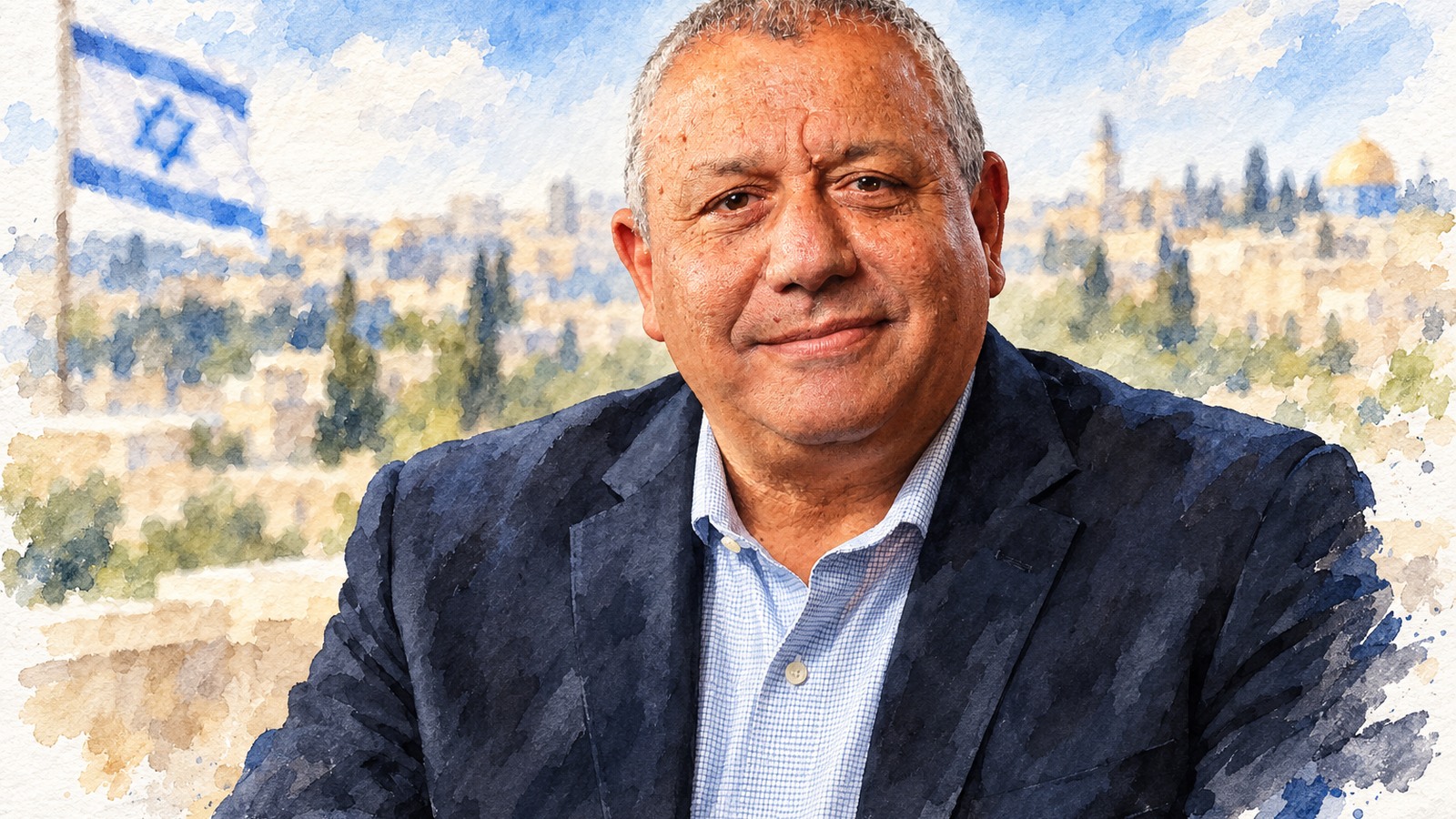 Ilustrație editorială originală despre Gadi Eisenkot, fostul șef al armatei care provoacă tabăra Netanyahu. Sondajele nu îi asigură o coaliție