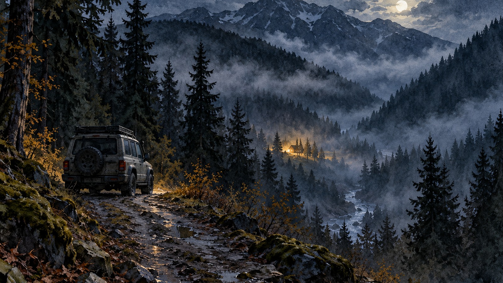 Ilustrație editorială originală despre Doi ucraineni, recuperați noaptea din Munții Maramureșului. Unul se adăpostise într-un vagon forestier