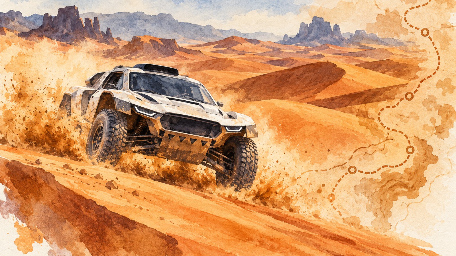 Ilustrație editorială originală despre Dakar schimbă țara pentru 2027. FIA confirmă mutarea, noua gazdă urmează să fie anunțată