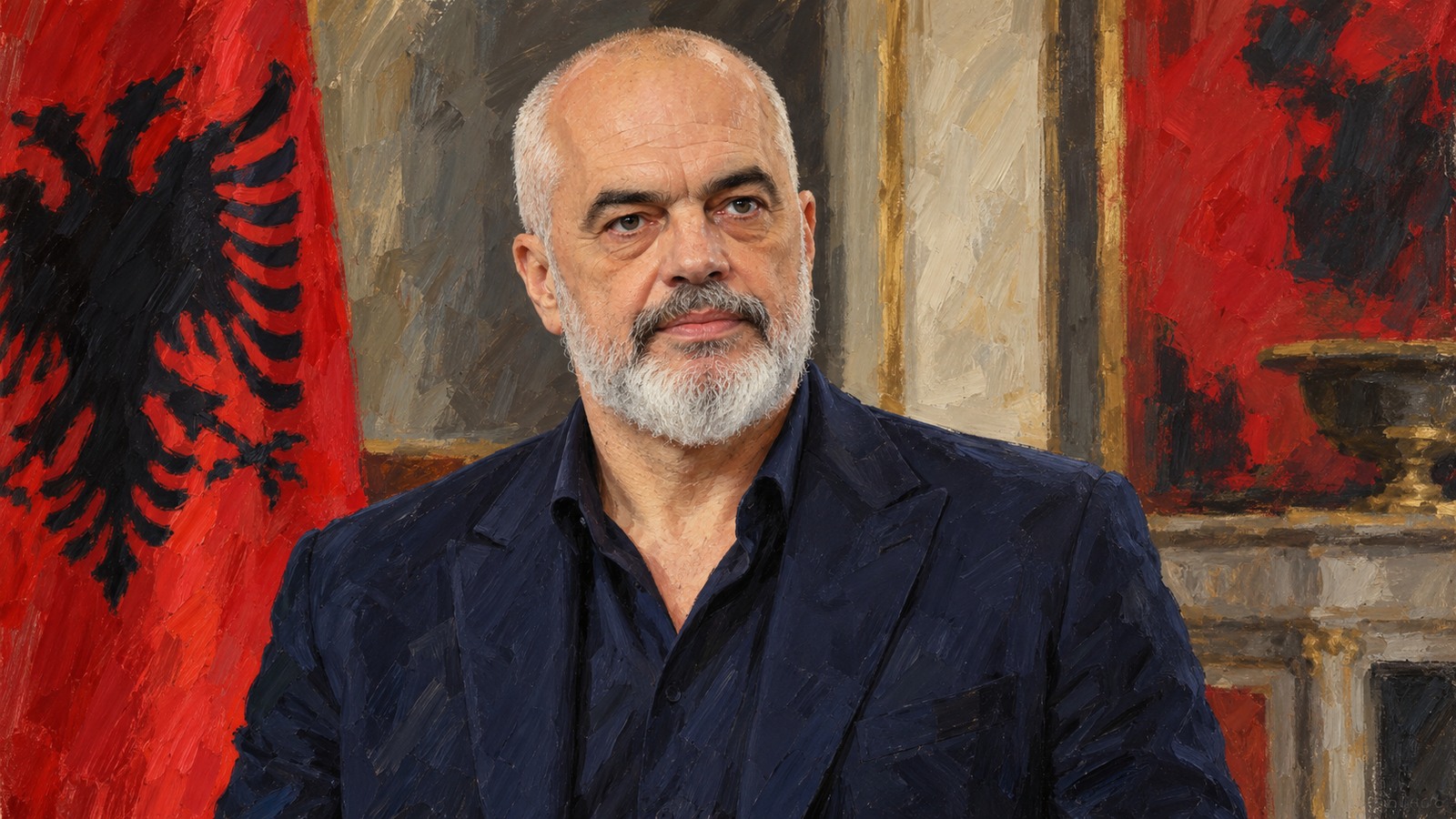 Ilustrație editorială originală despre Edi Rama propune amenzi mai mari și restricții de până la 72 de ore pentru adunări cu risc de violență