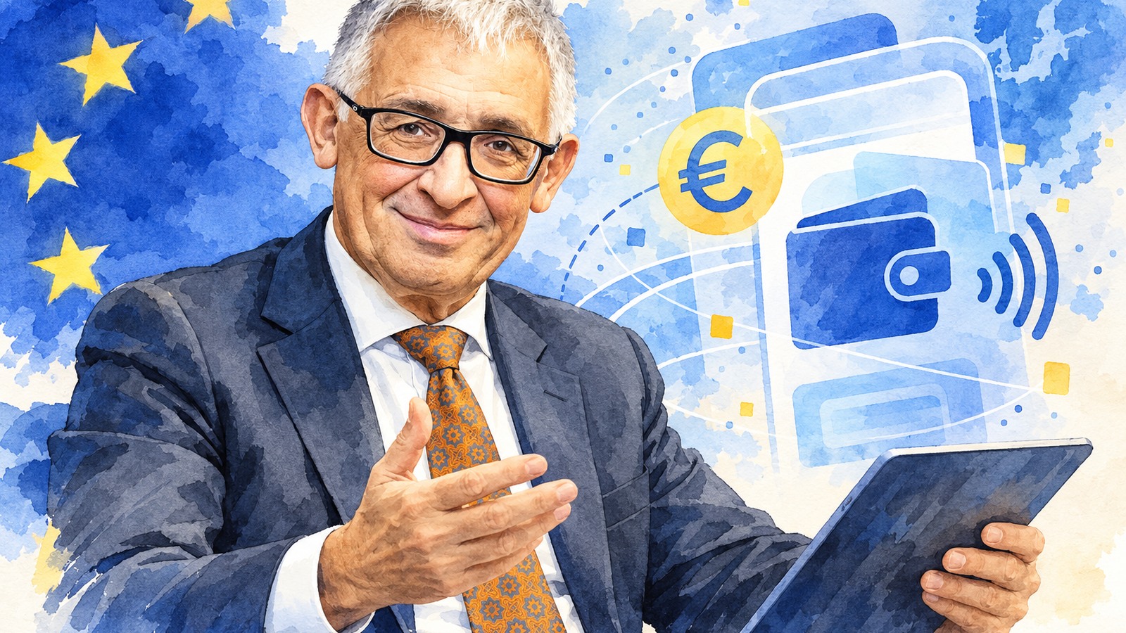 Ilustrație editorială originală despre Euro digital: Cipollone anunță un pilot în 2027, dar lansarea depinde de legislație