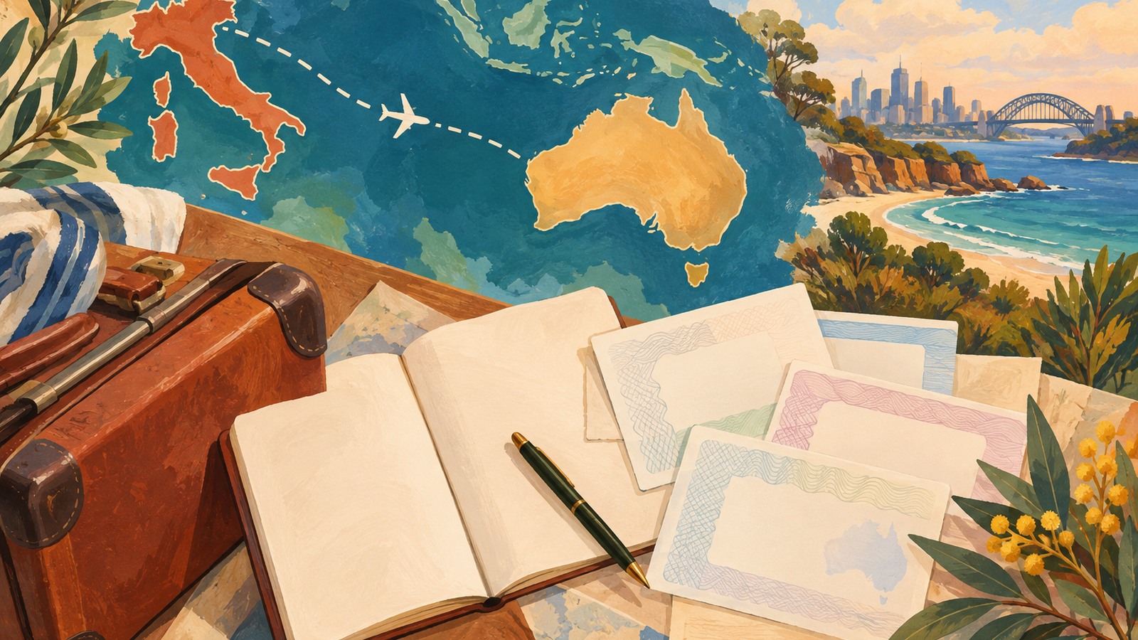 Ilustrație editorială originală despre Din Roma în Australia, cu bilet doar dus: Fortunata și-a transformat cei 12 ani de emigrantă într-o carte