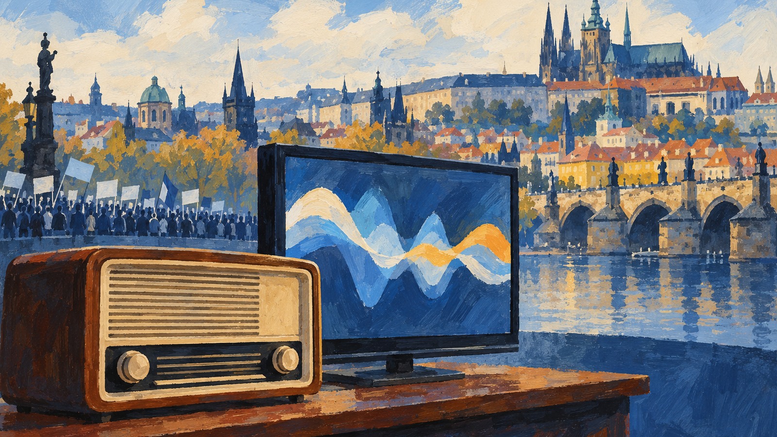 Ilustrație editorială originală despre Praga iese în stradă pentru presa publică. Finanțarea de la buget stârnește temeri de control politic