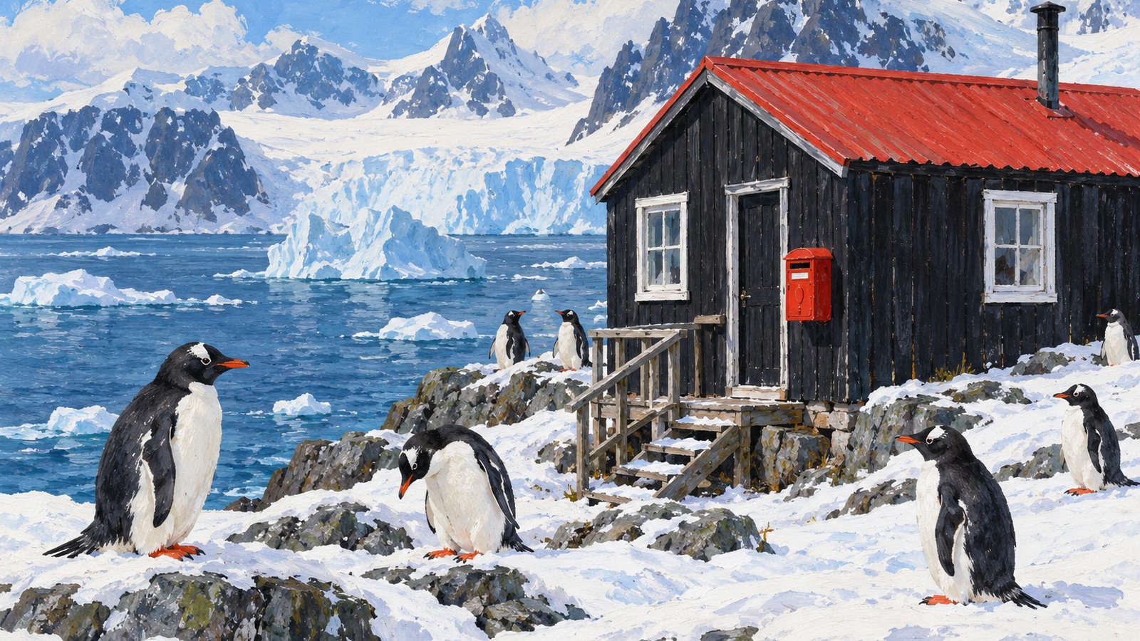 Ilustrație editorială originală despre La poșta din Antarctica, scrisorile pleacă cu vaporul. Sezon nou printre pinguini și lucrări de conservare